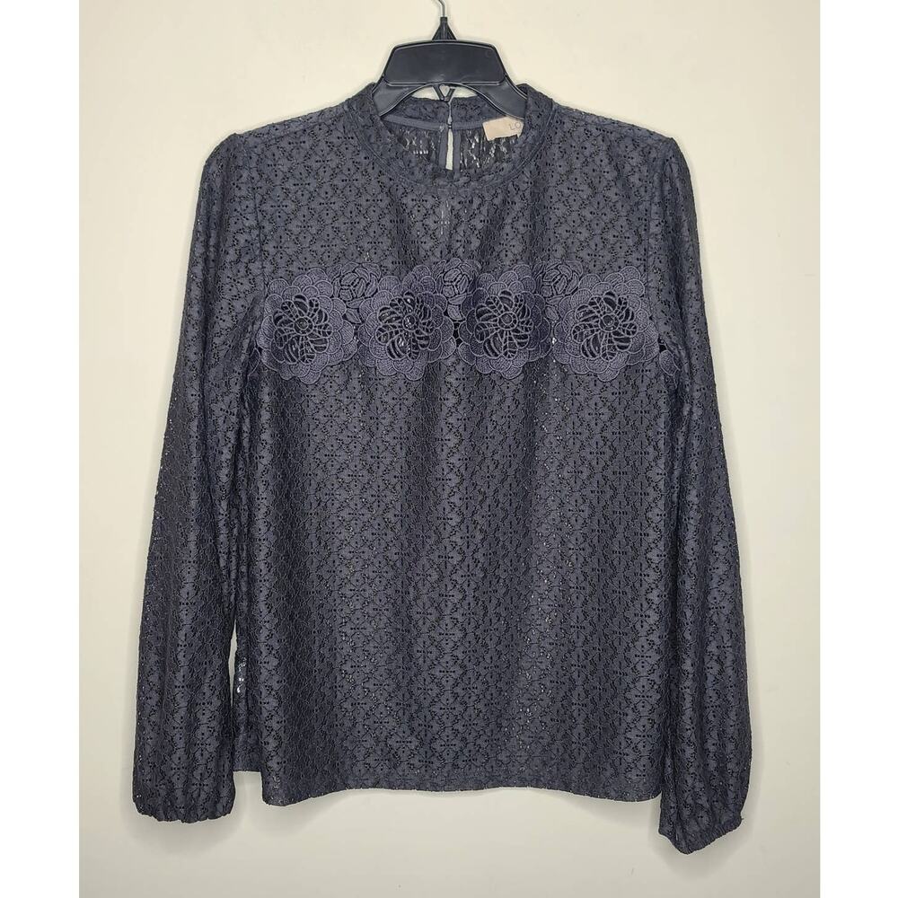 Ann Taylor Loft long sleeve gray lace shirt blouse - small
